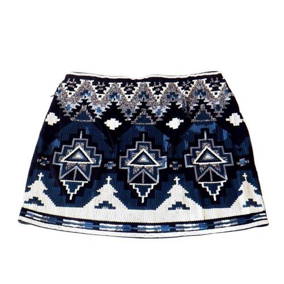 Express Women’s Blue Sequin Mini Skirt – Geometric Aztec Pattern - Picture 2 of 6